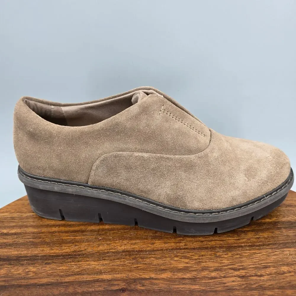 Clarks Shoes Women 7 M Tan Brown Suede Leather Airabell Comfort Slip On Platform